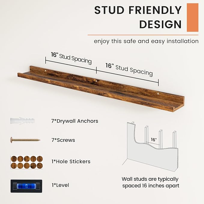 Picture Ledge Shelf, Floating Shelves for Wall, 44" W Set of 2, Brown | FSC Certified Engineered Wood, Wall Mounted Bookshelf, for Nursery Living Room Bedroom, Pre-Drilled, Easy Install