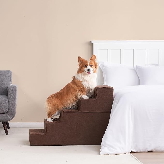 EHEYCIGA Dog Stairs for High Bed 25" H, Extra Wide Dog 5-Step, Brown | Pet Steps for Small Dogs and Cats for Bed, Non-Slip Balanced Pet Ramp Indoor