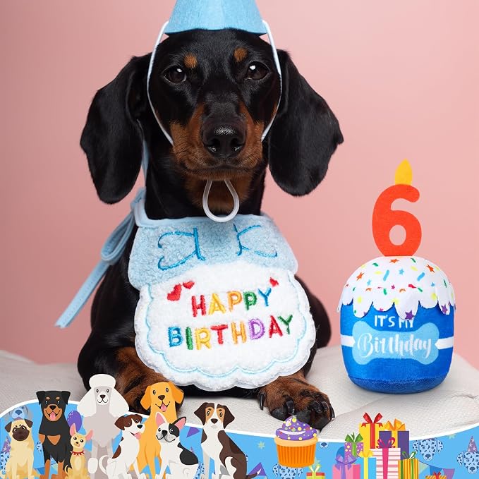 Dansydaisy Dog Birthday Cake Toy Squeaky Plush Gift,6th,Blue