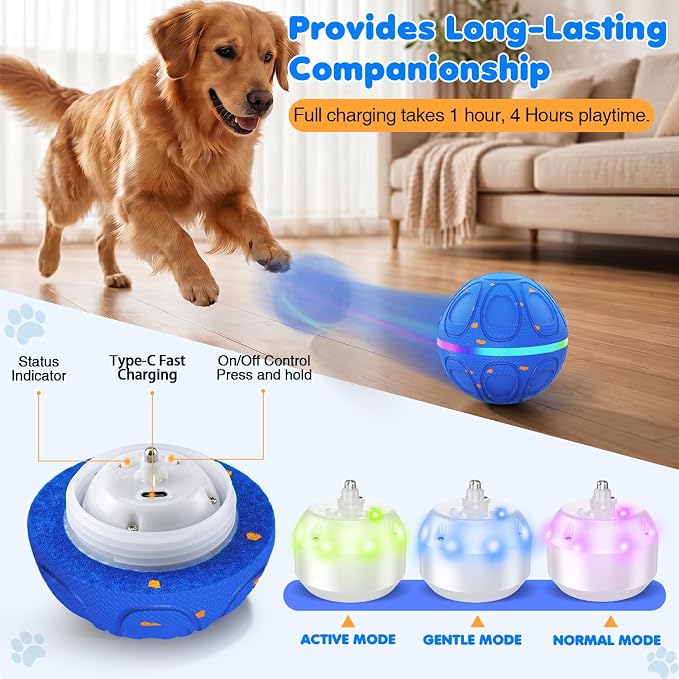 Interactive Dog Toys Ball – Automatic 3-Mode Active Rolling Balls (Blue) | Moving bouncing & rotating dog ball with colorful lights. Solid E-TPU material, IPX7 waterproof for medium & large dogs