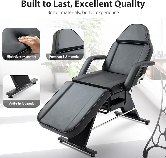 Massage Salon Tattoo Chair with Two Trays， Esthetician Bed with Hydraulic Stool,Multi-Purpose 3-Section Facial Bed Table, Adjustable Beauty Barber Spa Beauty Equipment (Black, Wide)