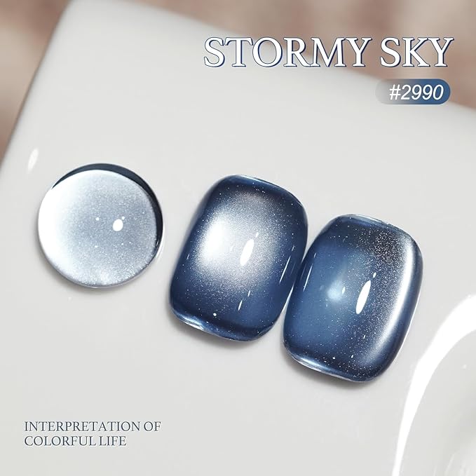 GAOY Jelly Blue Cat Eye Gel Nail Polish, 16ml Glitter Holographic Nail Polish with Magnet, Reflective Translucent UV Gel, 2990 Stormy Sky