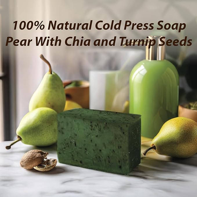 Natural Handmade Cold Press Bar Soap – Pear with Chia and Turnip Seeds - Aloe Vera and Vegetable Collagen – Soft exfoliating Formula - 3 Pack