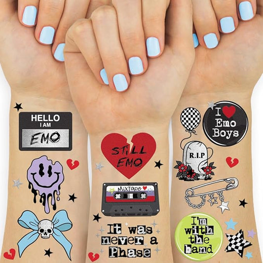 xo, Fetti Emo Temporary Tattoos - 54 Styles | Birthday Decorations, Grungy Accessory, Party Favors, Goth, Punk Rock, Dark Aesthetic, Sad Girl Accessories, Music Festival, Concert, Emo Night Supplies