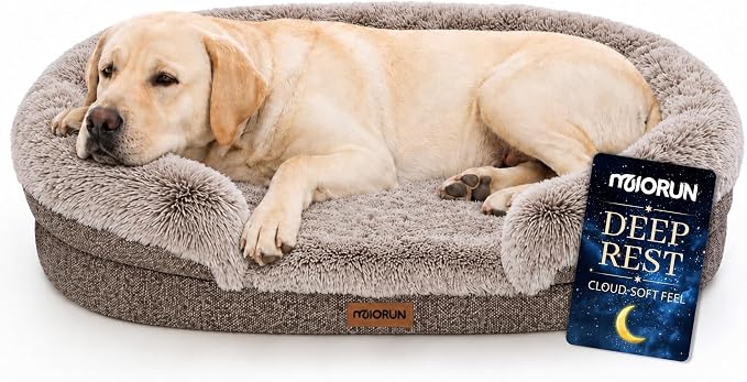 Fluffy Orthopedic Dog Beds Large Sized Dog, 48" Bolster Sofa Bed | Soft plush faux fur,lowered entry,washable cover,waterproof liner,claming dog couch for x-large dogs,supportive bolster