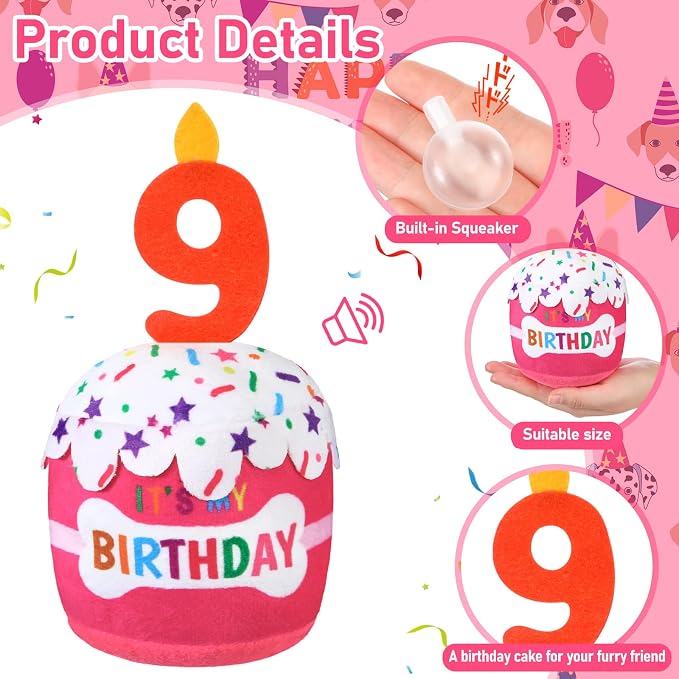 Dansydaisy Dog Birthday Cake Toy Squeaky Plush Gift,9th,Pink