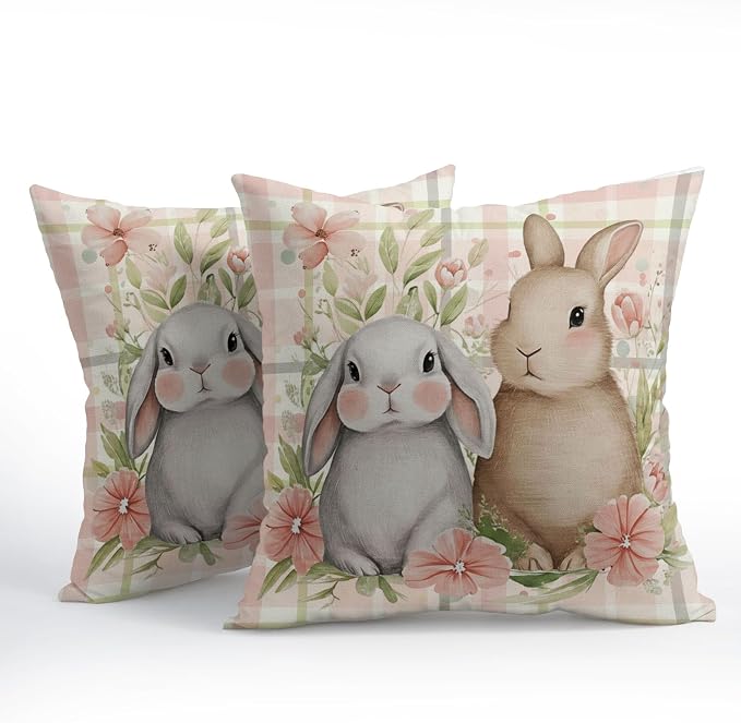 Easter Bunny Pillow Covers 20x20 Inch Spring Rabbit Floral Decorative Pillow Cases Pink Plaid Throw Pillows Set of 2 Seasonal Modern Farmhouse Home Decor for Sofa Couch Outdoor