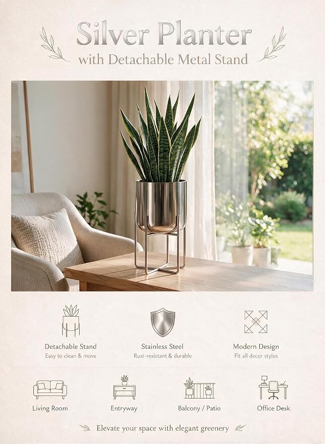 Serene Spaces Living Gold Planter with Detachable Metal Stand, Decorative Indoor Planter Pot, Flower Pots Stand for Living Room, Kitchen, Office, in 3 Sizes (Silver - Short)