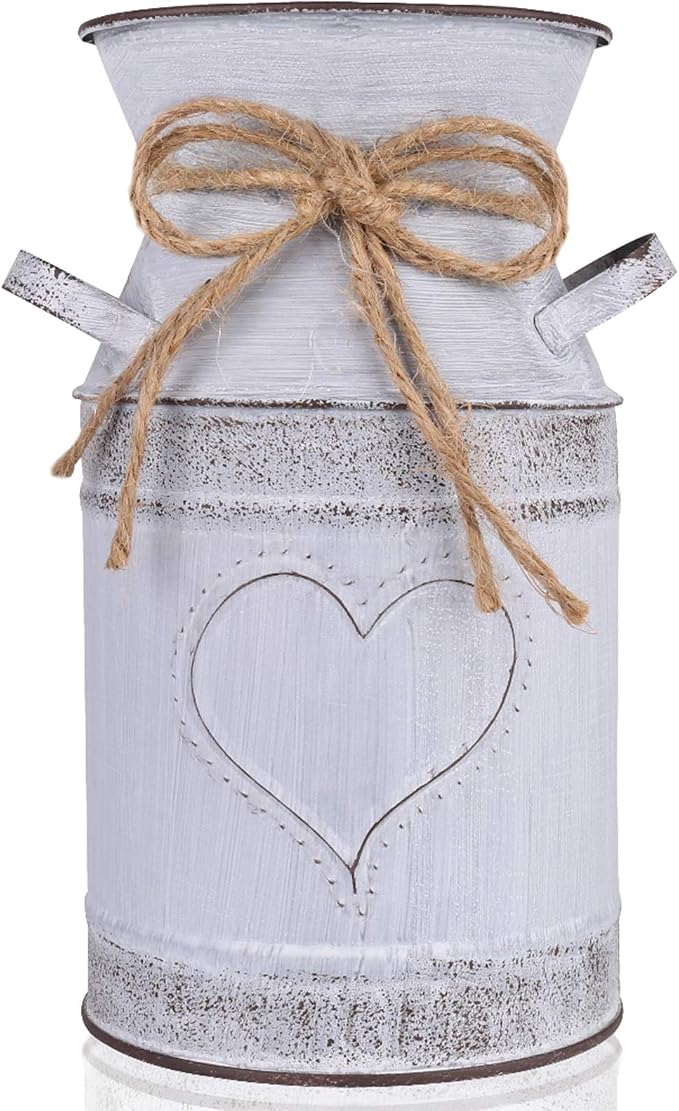7.5" High Decorative Vase with Unique Heart-Shaped and Rope Design, Galvanized Finish- Rustic Decorated for Living Room, Bedroom, Kitchen (Grey)