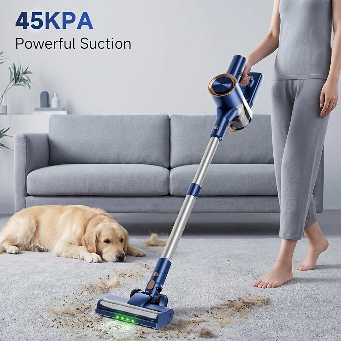 Cordless Stick Vacuum Cleaner - Rechargeable,45Kpa Powerful Suction Vacuum for Home,45Mins Runtime,Detachable Battery,Anti-Tangle, 8 in 1 Lightweight Vacuum for Pet Hair Carpet Hardwood, Blue