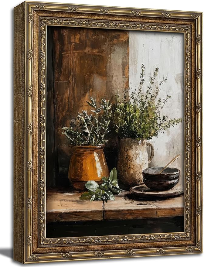 Gold Framed Wall Art Vintage Kitchen Herbs Wall Art Rustic Farmhouse Kitchen Still Life Wall Decor Picture Moody Country Cottage Botanical Poster Print for Dining Room 12x16in