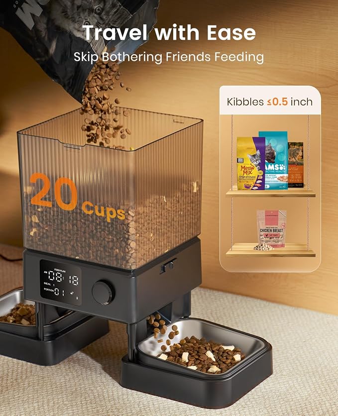 oneisall Automatic Cat Feeder for 2 Cats Pets, Timed Cat Food Dispenser | 20 Cups/5L, Prevent Fighting, Precise Portion, Balanced Dispense, Non-Slip & Stable, Voice Recorder, Stainless Steel Bowls