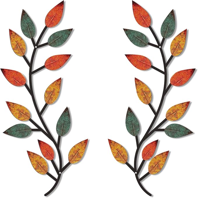 Zhengmy 2 Pcs Metal Leaf Wall Art Vine Branch Decor,Lively Colors | Olive Branch Metal Decor for Living Room Hallway, Symmetrical Leaf Pair for Doorway Entryway, Lightweight Hanging Art Design