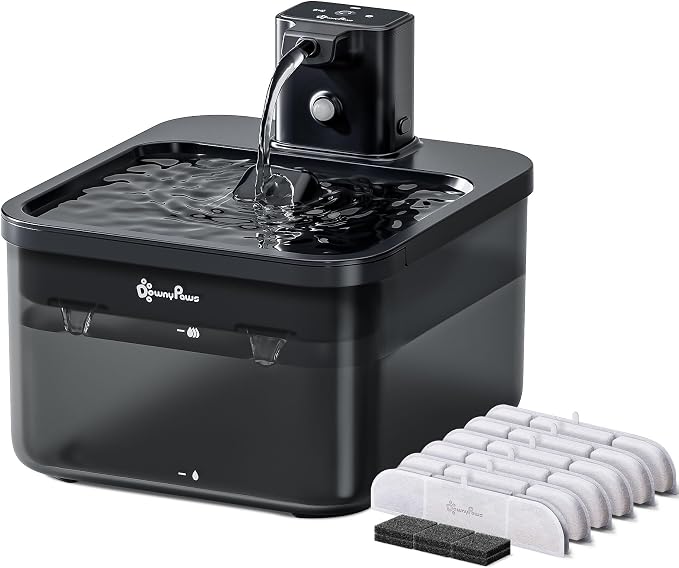 DownyPaws Cat Water Fountain Cordless, Pet Fountain, Black, 6 Filters | Wireless Cat Drinking Water Fountains for Cats Indoor, Fursink , Battery Operated, Motion Sensor, Ultra Quiet Pump, BPA-Free