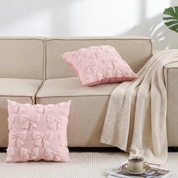 Mixweer Pink Bow Pillow Covers Set of 2 Preppy Room Decor Coquette Cute Spring Summer Decorative Faux Fur Soft Bowknot Stuff Fluffy Plush Aesthetic Pillowcase for Bed Sofa Couch (16 x 16 Inch)