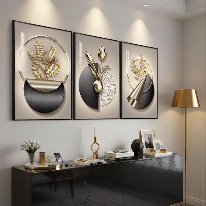 Large Framed Modern Elegant Wall Art for Living Room, 3 Piece 24x36 In | Black gold flower pictures, Crystal coating wall art set, Luxury prints paintings for bedroom dining room hallway office