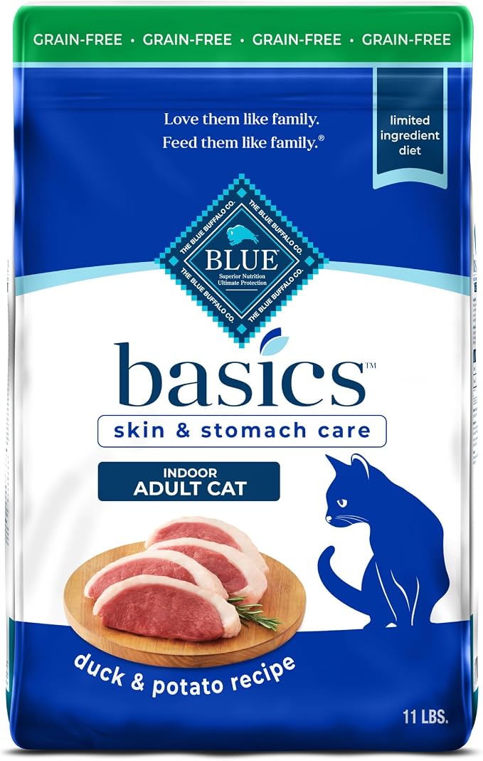 Blue Buffalo Basics Duck Grain-Free Skin & Stomach Care Dry Cat Food, 11 lb | Real Duck #1 Ingredient, Limited Ingredient Diet, Antioxidant-Rich LifeSource Bits, Skin & Coat Health