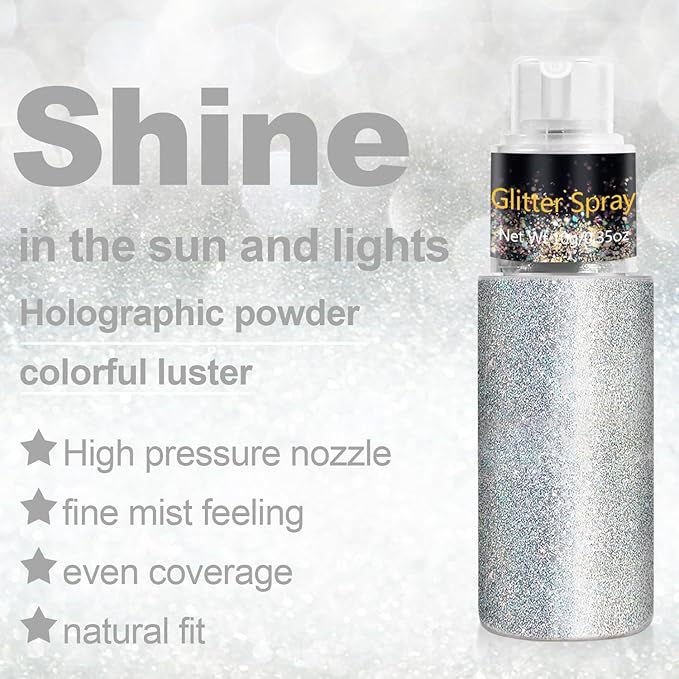 Hair and Body Glitter Spray, Holographic Glitter Highlighter Powder for Rumi Costume Cosplay Makeup, Face Body Clothes Shiny Glitter, Loose Shimmer Hairspray Festival Rave Prom Accessories (Silver)