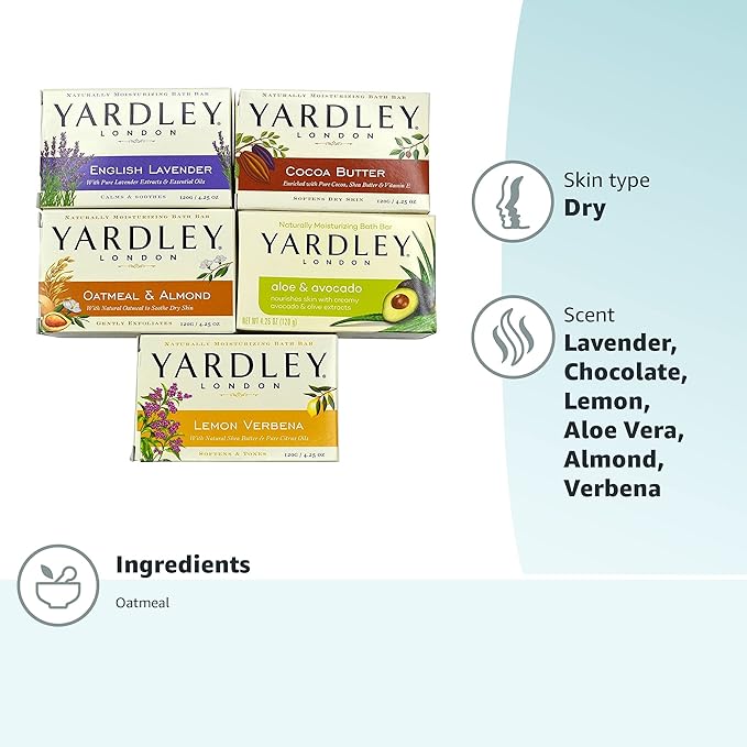 YARDLEY LONDON Bath Soap Bars and Body Soap Bars Bundle - : English Lavender, Oatmeal & Almond, Aloe & Avocado, Cocoa Butter, Lemon Verbena 4.0 oz (, Two Each), 10 Count (Pack of 2)