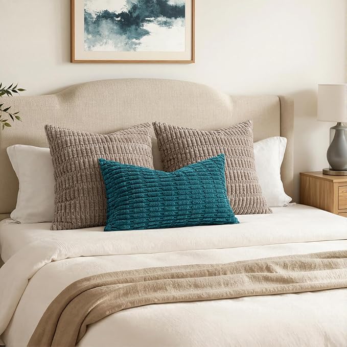 MIULEE Lumbar Corduroy Decorative Throw Pillow Covers 12x20 Teal Pack of 2 | Soft Boho Striped Pillow Covers Modern Farmhouse Coastal Home Decor For Sofa Living Room Couch Bed