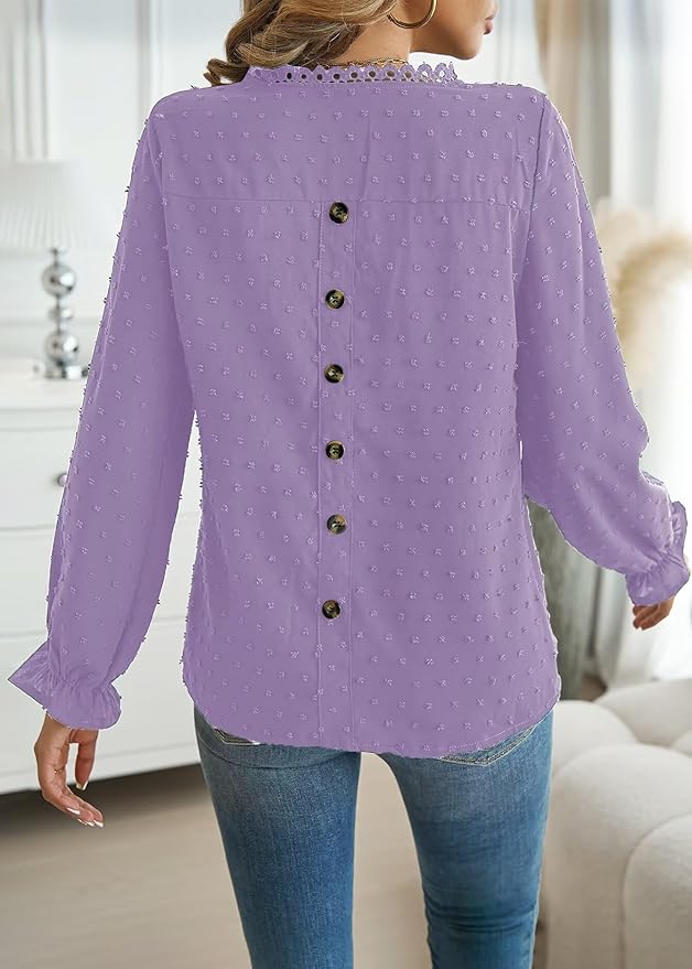 Womens Boho Tops Long Sleeve Shirts For Women Cute Crewneck Blouse Dressy Casual Swiss Dot Crochet Hollow Top 2026