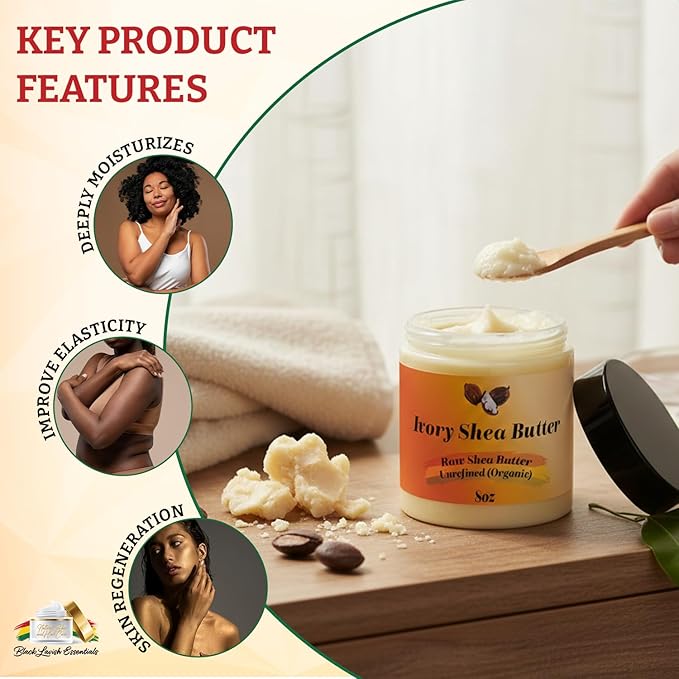 Organic West-African Ivory Shea Butter, Raw & Unrefined Grade A Shea Butter, DIY Ingredient, Moisture-Rich Skin & Hair Butter, Fast Absorbing, 8 oz Jar