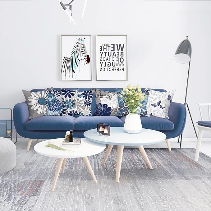 Blue Grey Throw Pillow Covers 20x20 Set of 6, Daisy Floral Home Decor | blue daisy Floral,decorative cushion cover,Breathable Linen,Large Throw Pillow Size,Spring Decor,Couch Sofa Living Room