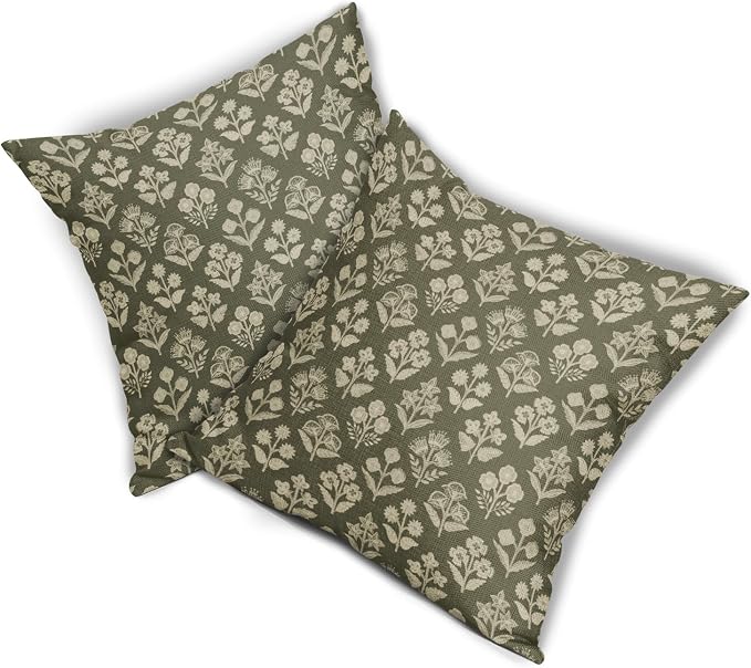 Olive Green Floral Block Print Pillow Covers 18x18 Inch Set of 2, Vintage Flower Pattern Decorative Throw Pillowcases Outdoor Farmhouse Cushion Covers Spring Summer Rustic Sofa Couch Bed Decor
