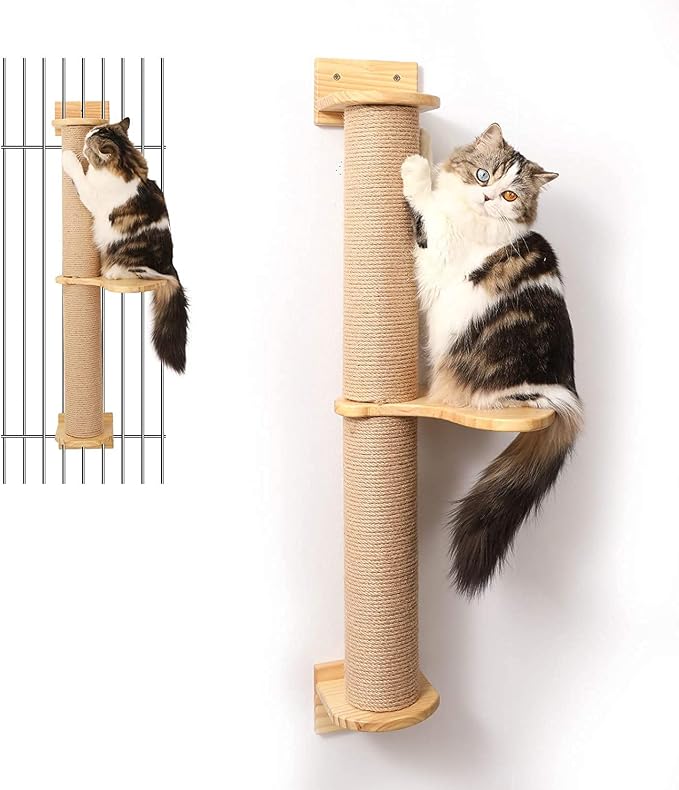 FUKUMARU Cat Activity Tree with Scratching Posts, Wall Mounted Jute Scratcher Pine Hammock | Solid Rubber Wood, Natural Jute Scratcher, Kitten Wall Furniture