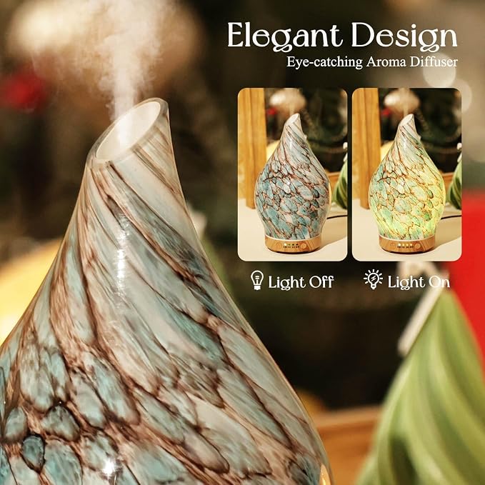 Porseme 150ml Essential Oil Diffuser Hand-Blown Glass Aroma Diffusor, Aromatherapy Unltrasonic Cool Mist deffuser, 7 Color Changing, Waterless Shut-Off, Timer Function for Home Office(Light Blue)