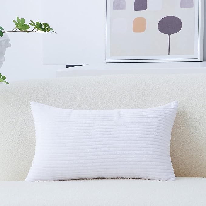 Home Brilliant Oblong Pillow Cover Decorative Striped Corduroy Rectangle Cushion Cover for Couch, 12 x 20 Inch, Pure White