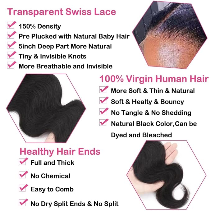 5x5 HD Transparent Closure Body Wave Human Hair Lace Closure Skinlike Brazilian 5x5 Closure 14inch Virgin Body Wave 100% Real Human Hair Free Part Closure Pre Plucked Natural Black Glueless