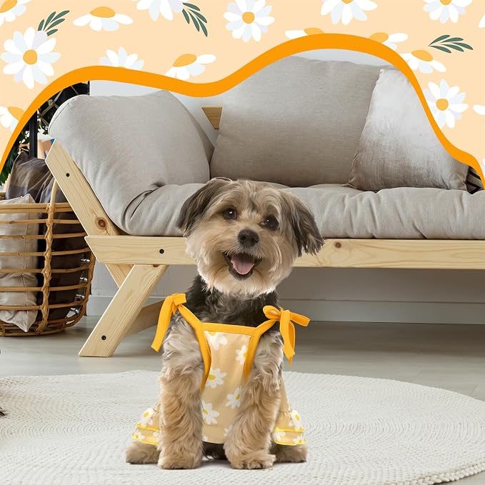 Frienda 4 Pieces Dog Clothes Set Include 2 Pcs Cute Pet Dress Lovely Dog Dress and 2 Pcs Breathable Pet T Shirt Puppy Clothes(Daisy,Small)