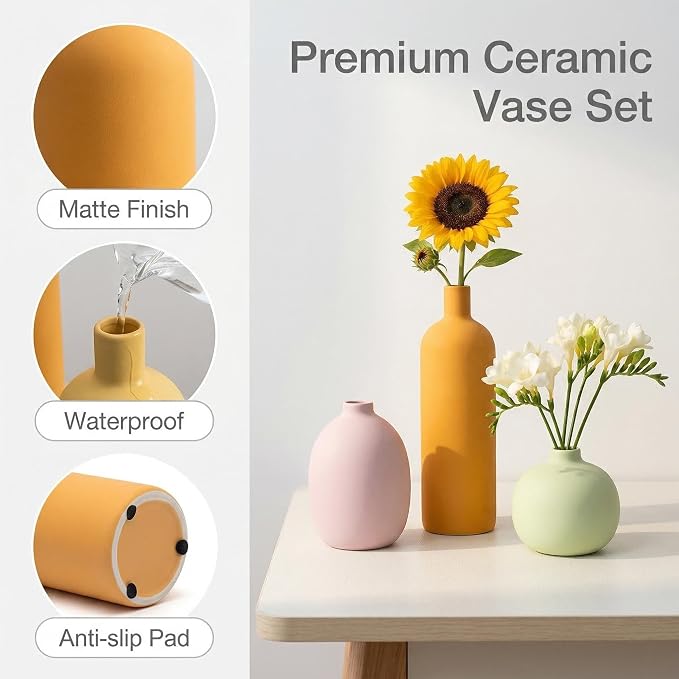Macaron Ceramic Vase Set of 4, Modern Colors Home Decor, Rustic Farmhouse Decorative Flowers Vases for Bouquet, Pampas | Table Mantel Centerpiece Bookshelf Living Room Bedroom (Rustic Mix Set of 4)