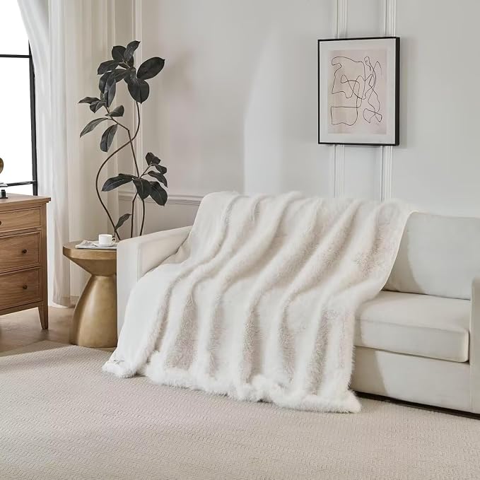 Luxury Fluffy Faux Fur Throw Blanket, Thick Silky Fuzzy Cozy Blanket, Plush Blankets for Couch, Sofa, Chair, Bed - Ivory White, 50x60 Inches
