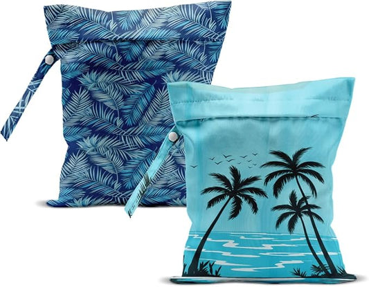 ZHAMEN 2Pcs Wet Bag, Wet Dry Bag Reusable with Zipper, Travel, Beach, Pool, Diapers, Dirty Yoga Gym Clothes, Makeup Bag, Waterproof Wetdry Packing, Tropical Plants Decore (12x10 Inch)