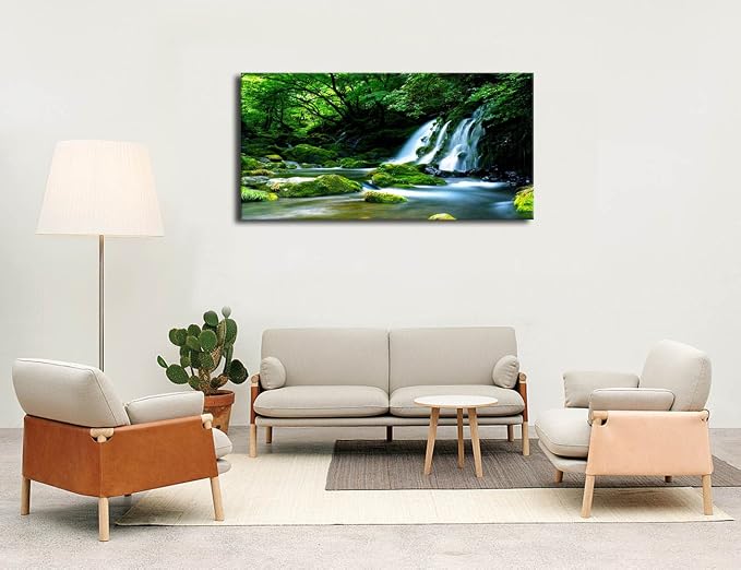 arteWOODS Waterfall Canvas Wall Art Living Room Decoration Large Nature Picture Artwork Modern Landscape Painting Green Forest Prints for Kitchen Office Wall Decor Home Decorations 24" x 48"