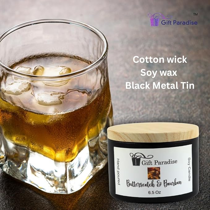 Butterscotch & Bourbon Soy Wax Candle, Black Metal Tin, 6.5 oz, Cotton Wick