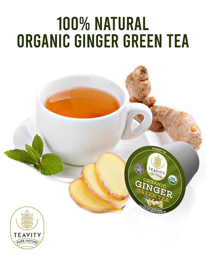 Green Tea & Ginger Tea Pods for Keurig - Caffeinated, Organic, Dye Free, Unsweetened, Herbal Blend for K Cup Machines - Hot or Iced (36 Tea Pods)