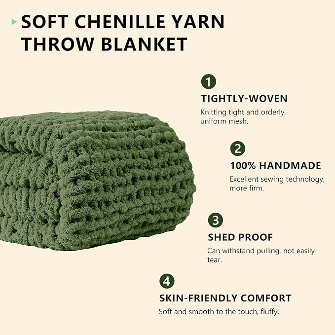 L'AGRATY Chunky Knit Throw Blanket for Couch, 60 x 80 Inches, Moss Green | Handmade Chenille Crochet Blanket for Sofa Bed, Thick Cable Knitted Blankets for Room Home Decor, Birthday Gift for Women Mom
