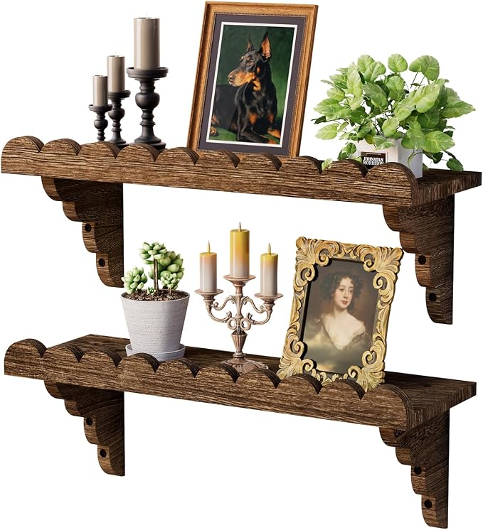Scalloped Wood Wall Shelf – 17 Inch Floating Shelf with Wood Brackets, Easy to Install Rustic Wall Shelf for Living Room, Bedroom, Bathroom, or Any Space