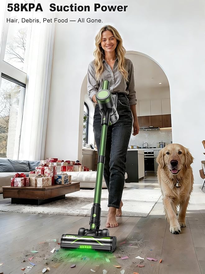 Cordless Vacuum Cleaner, 58KPa/60Mins 10 in 1 Self-Standing Stick Vacuum | 29-inch Hose and LED Lighting Brush, Anti-Tangle Brush &3 Suction Modes, Quiet Vacuum Cleaner for Home, Pet Hair/Carpet/Floor