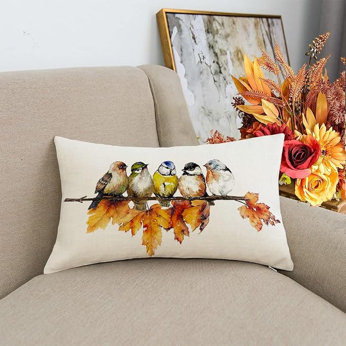 RABUSOFA Fall Pillow Covers 12x20 Inch Bird Autumn Decorations for Home Outdoor Thanksgiving Decor Maple Leaf Decorative Lumbar Throw Pillow Cases Farmhouse for Couch Sofa