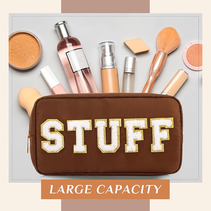 Preppy Makeup Bags Chenille Letter Stuff Bag Nylon Cosmetic Pouch Cases with Zipper for Women Travel Toiletry(Brown Set,Classic,4 Pcs)