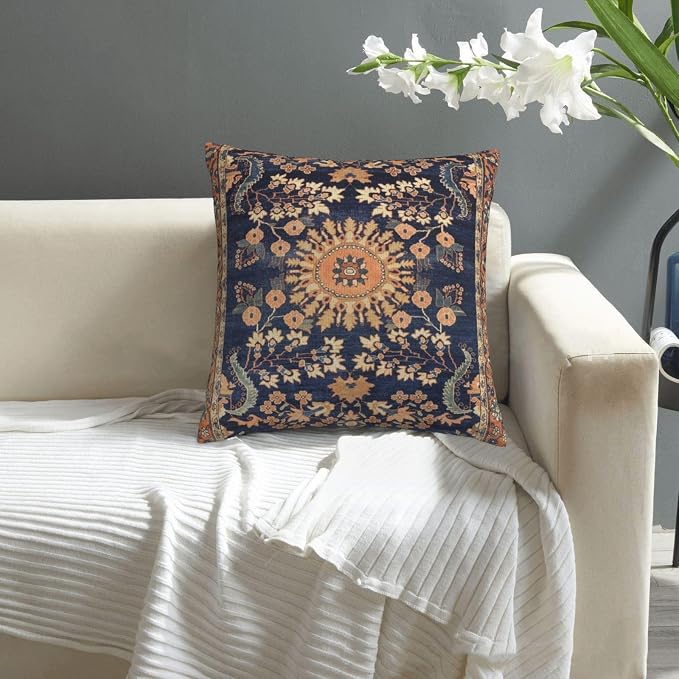 Persian Floral Rug Print Navy Blue Pillow Covers Decorative Square Throw Pillowcase 18x18 Inch Couch Cushion Cover for Home Decor Living Room Bedroom College Dorm Bed Car Sofa