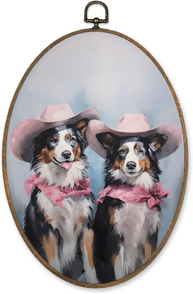 LKETW Vintage Western Australian Shepherd Oval Wall Art Decor, Pink Cowgirl Aussie Dog Oval Canvas Hanging Decor, Australian Shepherd Gifts Wall Decorations for Girly Bedroom Room Home, 8.6x11.4 Inch