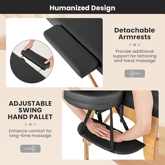 Giantex Massage Table, Portable Massage Bed w/Carrying Case, 2-Section Salon Spa Facial Care Tattoo Bed, Height Adjustable, Wood Frame, Professional Massage Lash Bed for Eyelash Extension (Black)