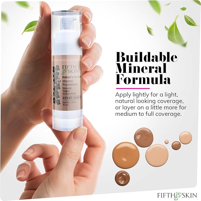 Fifth & Skin: Better’n Ur Skin Liquid Foundation (BURNT SIENNA) - Natural, Organic, Vegan, Cruelty-Free - Gluten-Free Beauty with Buildable Coverage and Palm-Free Luxury - 1 oz