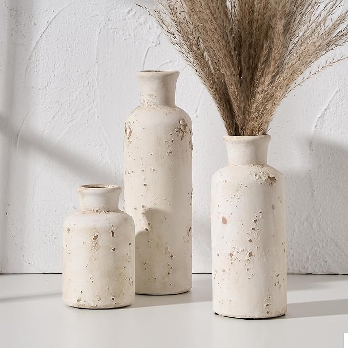 SIDUCAL Ceramic Rustic Farmhouse Vase Set of 3 | Whitewashed Terracotta Vase, Clay Decorative Vases for Home Decor, Living Room, Shelf, Mantel Decoration(Rustic White)