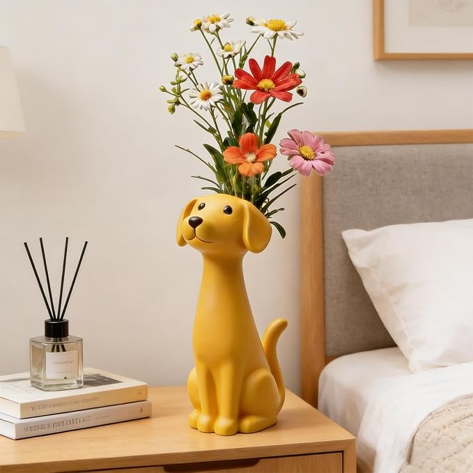 Quirky Dog Vase, Whimsical Boho Dog Flower Vase, Handcrafted Resin Decorative Dog Vases for Small Flowers, Funny Animal Resin Vases, Cute Puppy Planter for Desk Shelf, Boho Home Office Decor